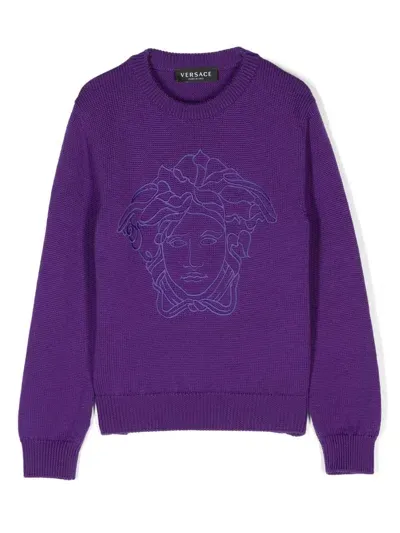 Versace Kids' Medusa Head Motif-embroidered Jumper In Purple