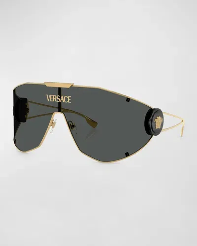 Versace Medusa Medallion Metal Shield Sunglasses In Gold/gray Solid