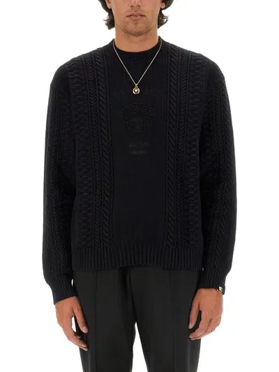 Versace Medusa Milano Cable Knit Sweater In Black