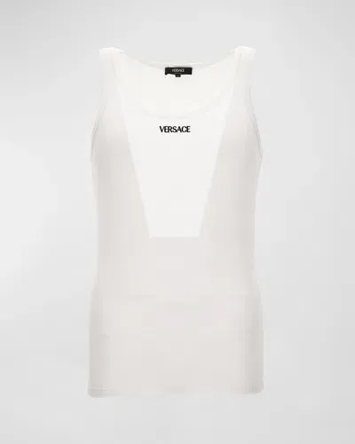 Versace Men's Embroidered Logo Tank Top In White