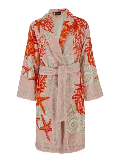 Versace Multicolor Bathrobe With Sea Baroque Pattern In Terry Cotton