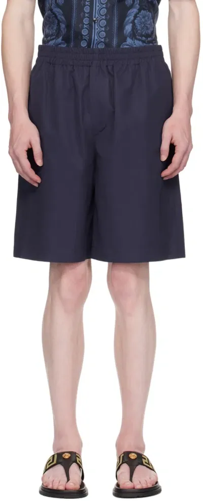 Versace Navy Embroidered Shorts In 1ui20-navy Blue