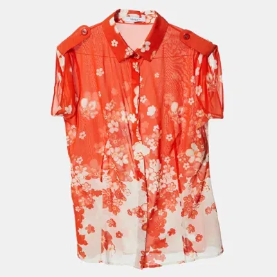 Pre-owned Versace Orange Floral Print Silk Crepe Button Front Blouse M