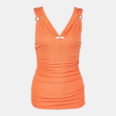 Pre-owned Versace Orange Jersey Ruched Sleeveless Top S