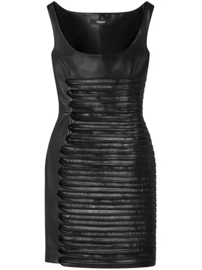 Versace Scoop-neck Leather Mini Dress In Black