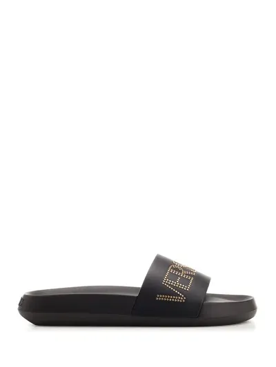 Versace Slides With Rhinestone Logo In Nero-oro