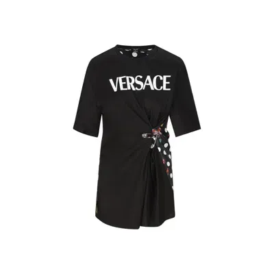 Versace Butterflies Safety Pin Logo T-shirt In Black+orange+red