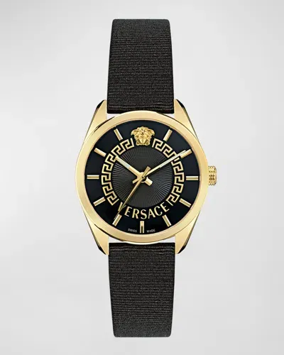 Versace V-circle 36mm Ip Yellow Gold Watch With Grosgrain Strap, Black