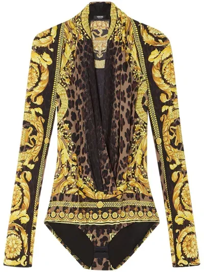 Versace Wild Barocco Silk Draped Bodysuit In Animalier