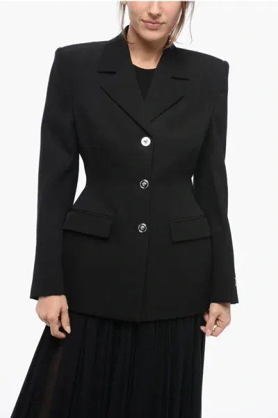 Versace Wool Blazer With Padded Shoulders In Black