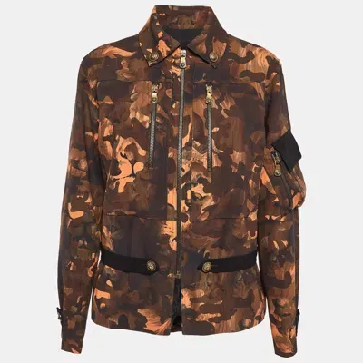 Pre-owned Versus Brown Camouflage Print Jersey Zip-up Jacket Xs