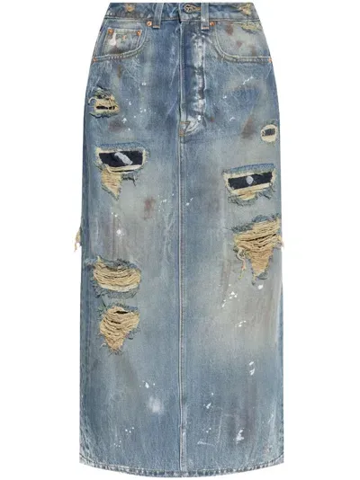 Vetements Distressed Maxi Denim Skirt In Blue