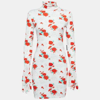 Pre-owned Vetements White Floral Print Jersey Bodycon Mini Dress With Golves M