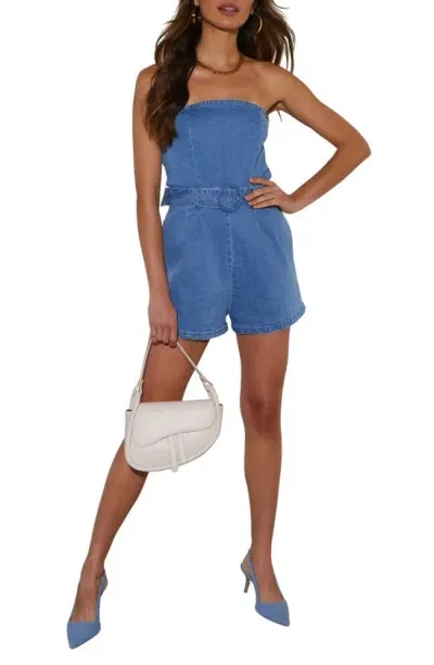 Vici Collection Belted Strapless Denim Romper In Denim Blue