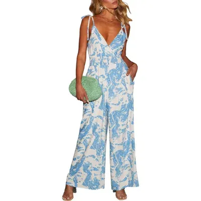 Vici Collection Celestia Smocked Waist Wide Leg Jumpsuit In Blue