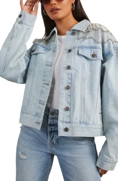 Vici Collection Delanie Imitation Pearl & Rhinestone Detail Denim Trucker Jacket In Light Blue