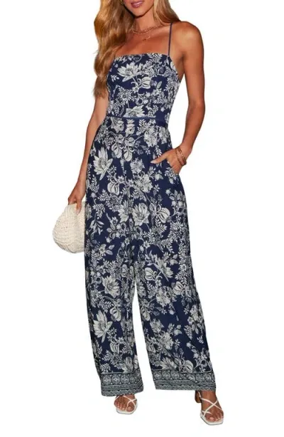 Vici Collection Florencia Wide Leg Jumpsuit In Navy/white