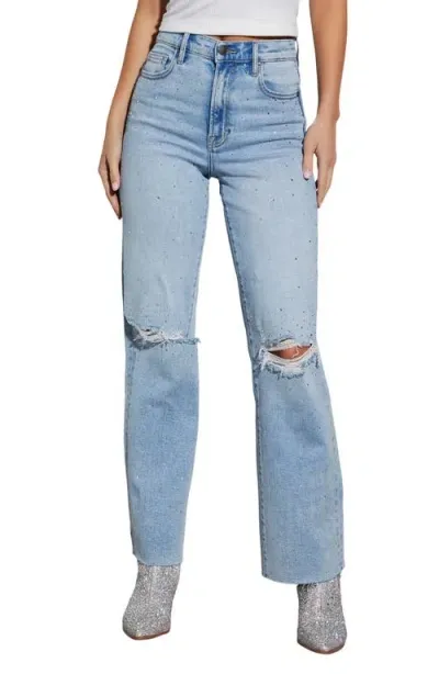 Vici Collection Wilda Icon Diamonte Ripped Straight Leg Jeans In Light Wash