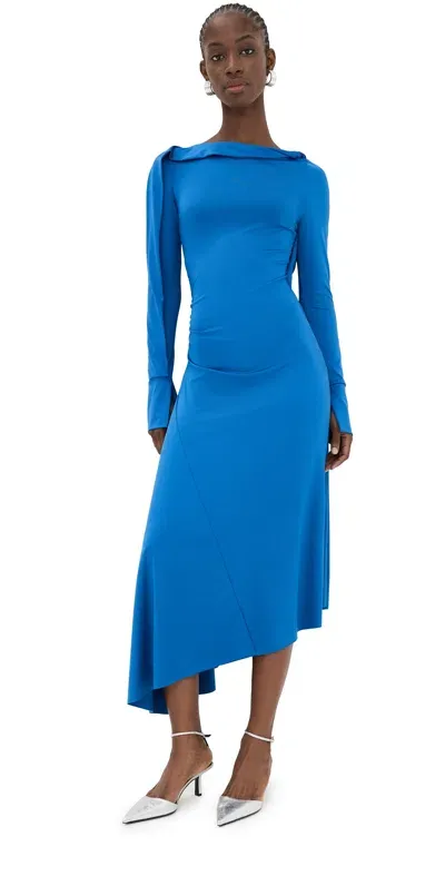 Victoria Beckham Long Sleeve Draped Jersey Midi Dress Ocean Blue