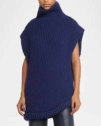 Victoria Beckham Turtleneck Sleeveless Rib Sweater In Ink Blue