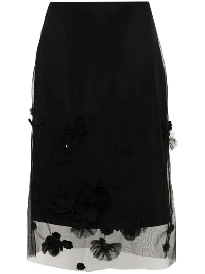 Viktor & Rolf Floral Embroidery Midi Skirt In Black