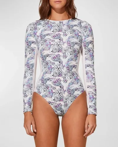 Vilebrequin Isadora Fish-print Rashguard One-piece Swimsuit In White