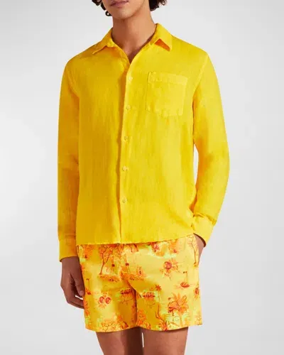 Vilebrequin Men's Caroubis Solid Linen Sport Shirt In Maize