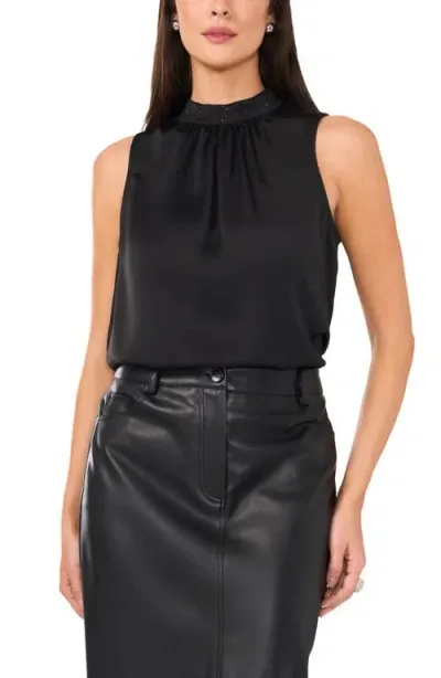 Vince Camuto Beaded Mock Neck Sleeveless Hammered Satin Top In Rich Black