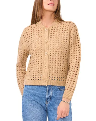 Vince Camuto Pointelle Crewneck Cardigan In Latte Heather