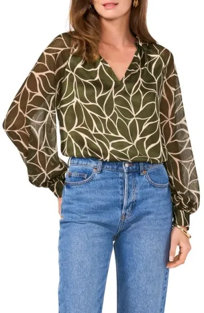 Vince Camuto Floral Long Sleeve Georgette Top In Military Green