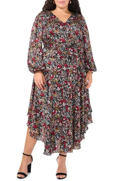 Vince Camuto Floral Long Sleeve Tie Waist Maxi Dress In Rich Black