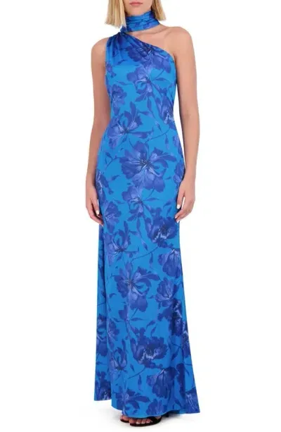 Vince Camuto Floral Mock Neck One-shoulder Gown In Cobalt Multi