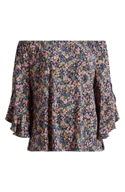 Vince Camuto Floral Off The Shoulder Flutter Sleeve Top In Classic Navy