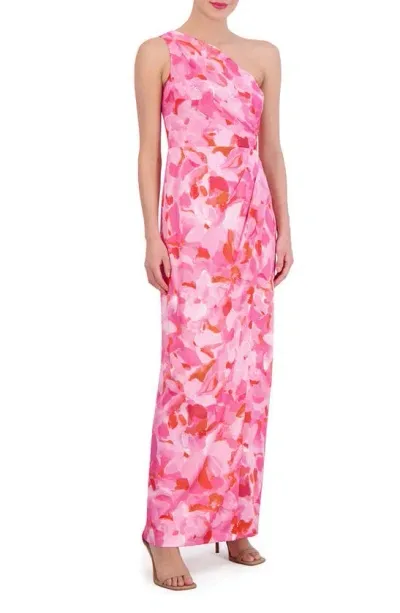 Vince Camuto Floral One-shoulder Satin Sheath Gown In Bright Fuschia