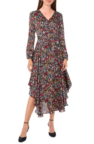 Vince Camuto Floral Print Long Sleeve Dress In Rich Black