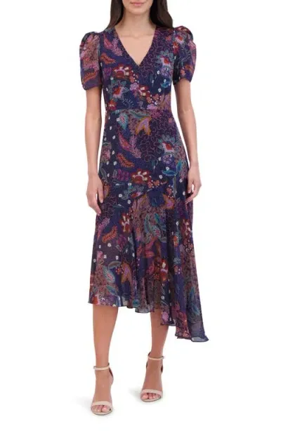 Vince Camuto Floral Puff Sleeve Asymmetric Chiffon Dress In Navy Multi