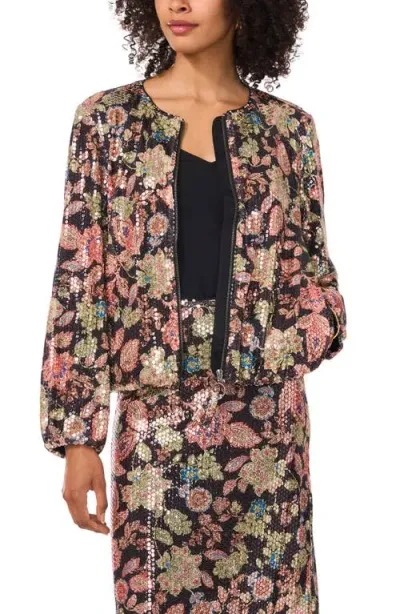 Vince Camuto Floral Sequin Bomber Jacket In Rich Black