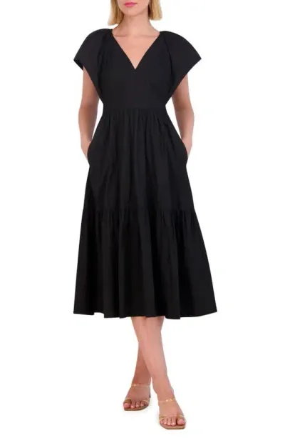 Vince Camuto Flutter Sleeve Cotton Midi Dress In Black