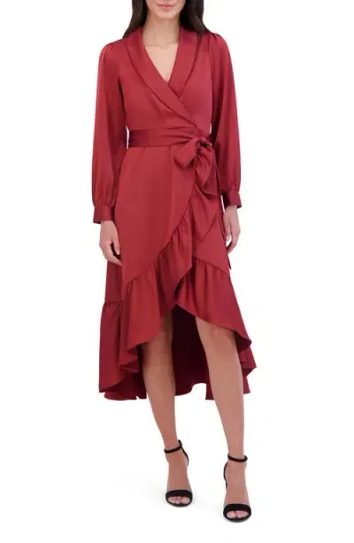 Vince Camuto Long Sleeve Faux Wrap Satin High-low Dress In Fawn