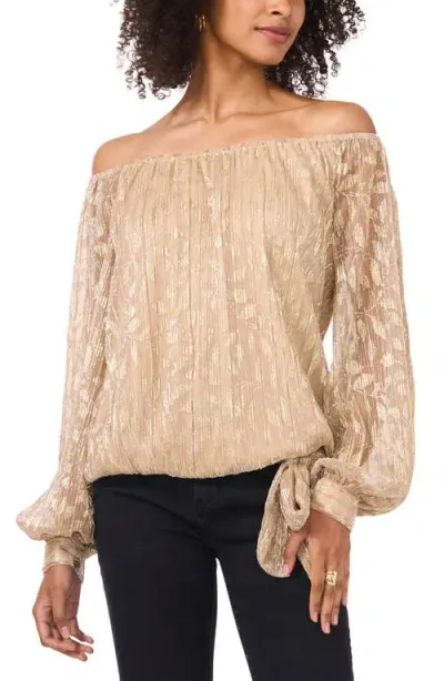 Vince Camuto Metallic Foil Leaf Print Off The Shoulder Top In Gold