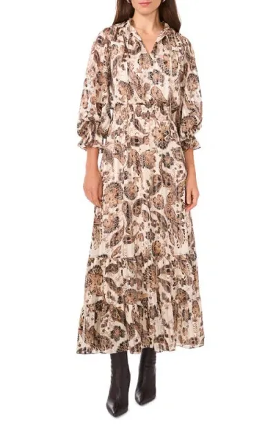 Vince Camuto Metallic Stripe Paisley Long Sleeve Maxi Dress In Cafe Sky