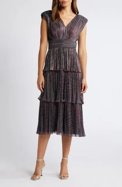 Vince Camuto Metallic Tiered Midi Dress In Copper Multi