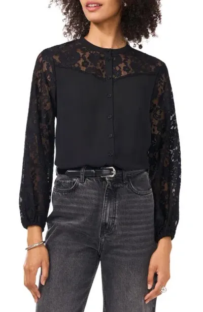 Vince Camuto Mixed Media Lace & Georgette Button-up Shirt In Rich Black