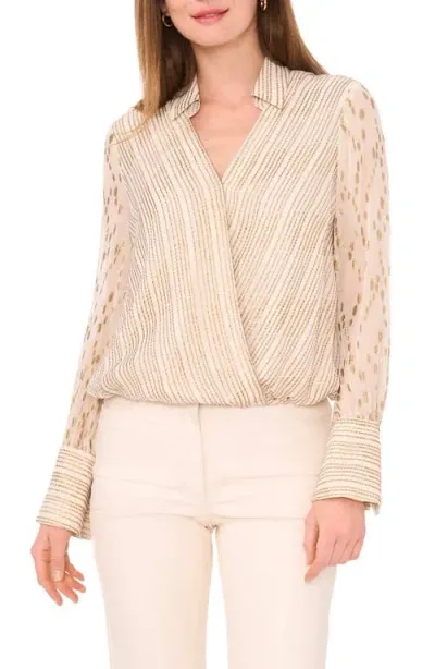 Vince Camuto Mixed Metallic Jacquard Long Sleeve Top In Soft Cream