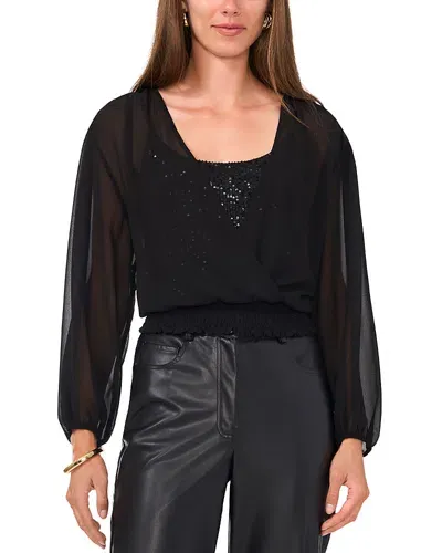 Vince Camuto Overlap Sequin Cami Long Sleeve Blouse In Rich Black