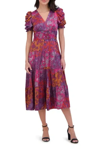 Vince Camuto Paisley Colorblock Tiered Midi Dress In Purple Multi