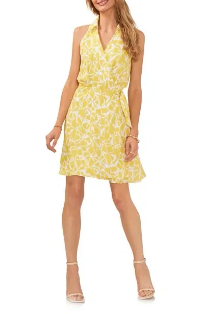 Vince Camuto Print Sleeveless Wrap Dress In Bright Lemon