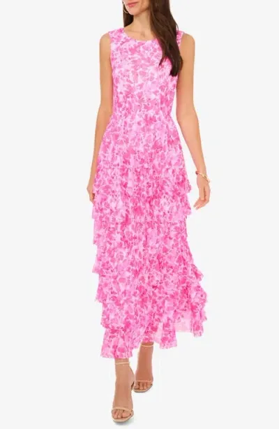 Vince Camuto Print Tiered Ruffle Sleeveless Maxi Dress In Hot Pink