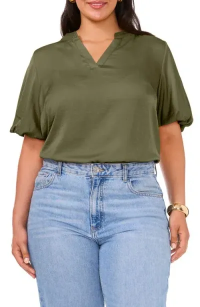 Vince Camuto Puff Sleeve Split Neck Top In Olive Moss