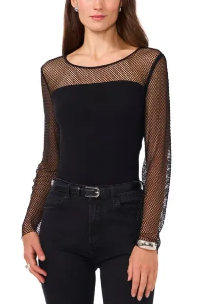 Vince Camuto Rhinestone Fishnet Long Sleeve Top In Rich Black